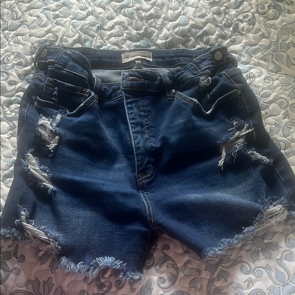 Blue High-Waisted Jean Shorts with Distressed Details